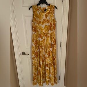 Yellow Leaf Print Sleeveless Dress